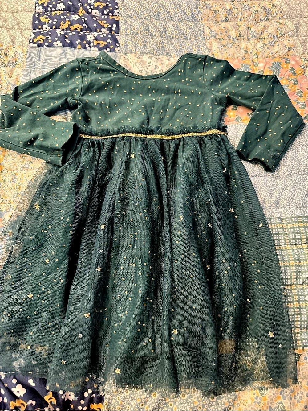 Hanna Andersson Girls Green & Gold Star Tulle Dress Size 8